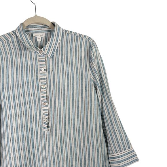 J Jill Love Linen Blue White Striped Popover Shirt Coastal Cottage Womens M Tall - Picture 2 of 7